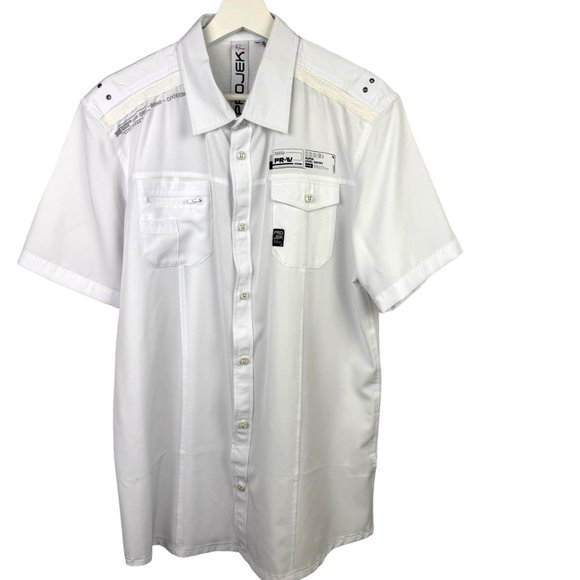 Projek Raw Shirt Mens Large White Button Front White Short Sleeve Outdoor Pocket - Picture 1 of 11